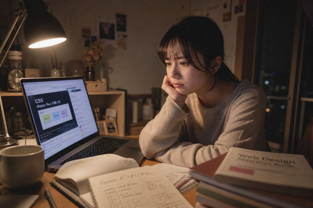 動画学習で悩む女性