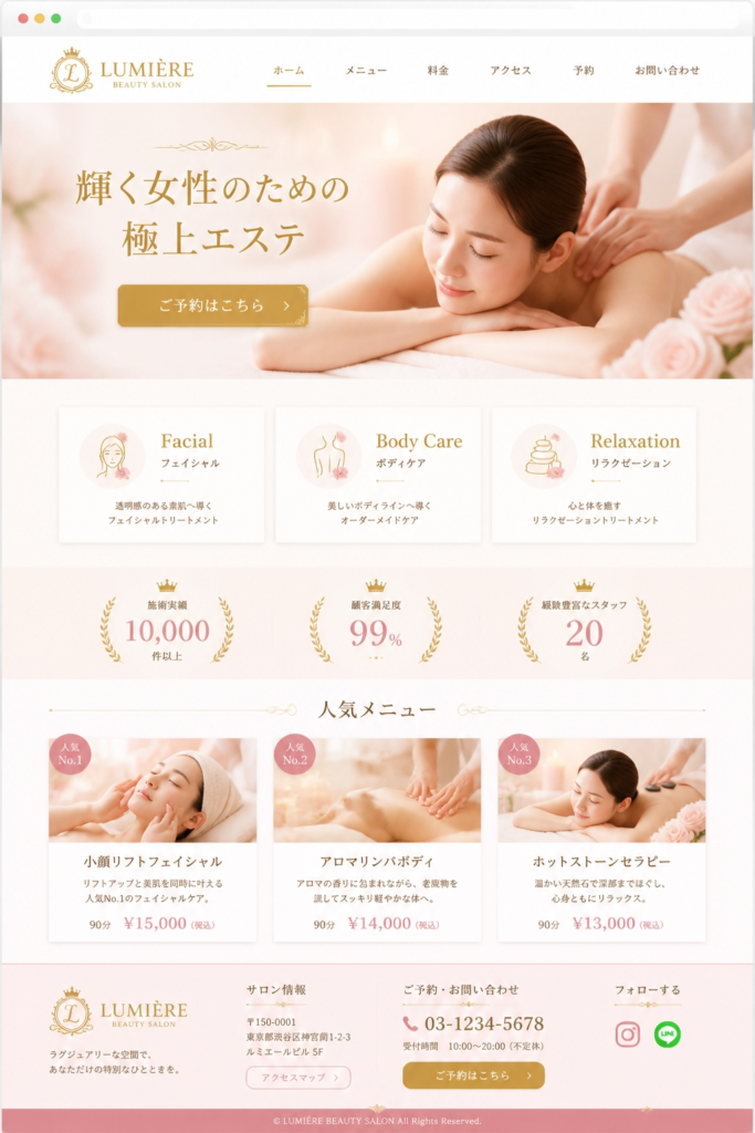 AIが生成したエステサロンのWebサイトのデザインの参考