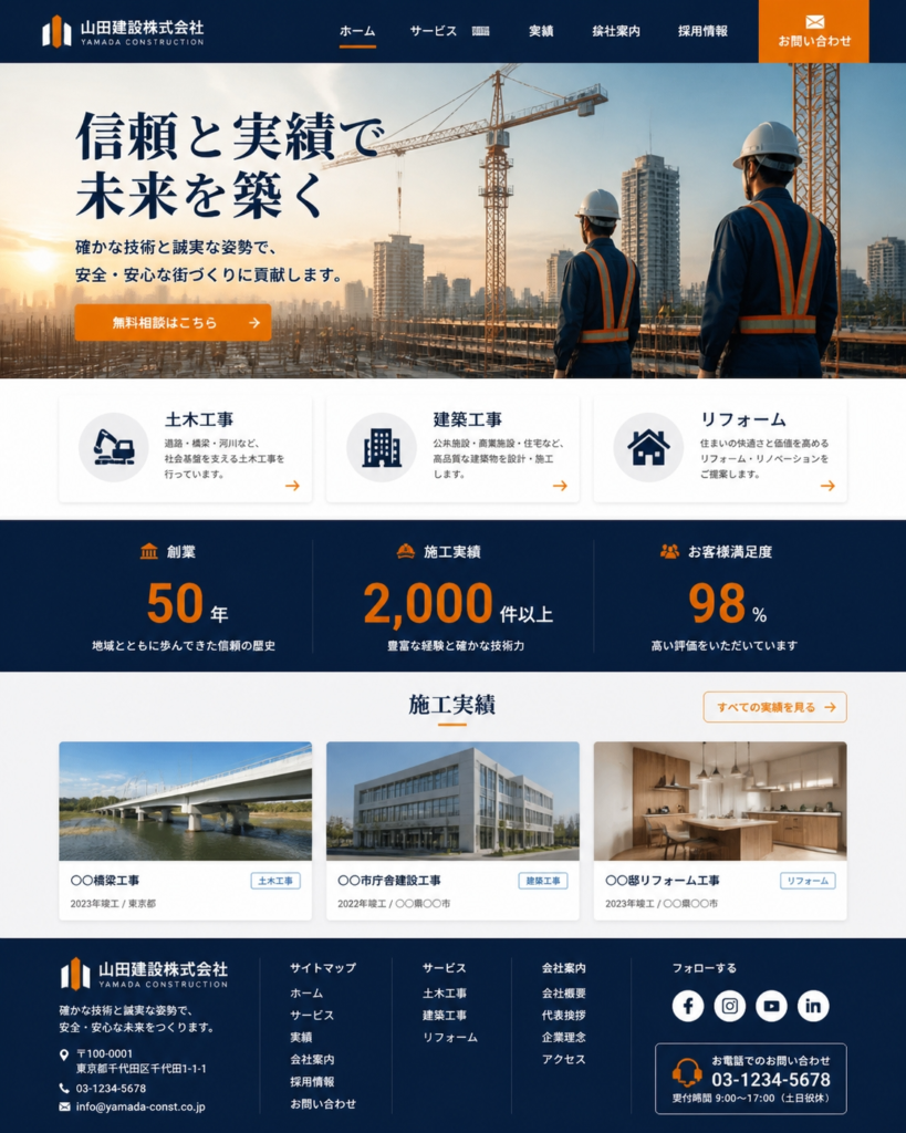 AIが生成した建設業のWebサイトのデザインの参考